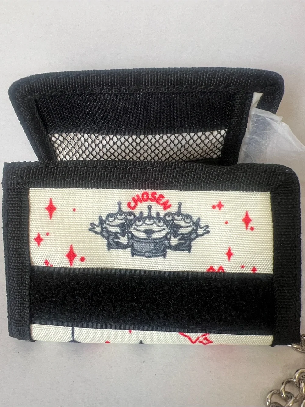 NWT Disney Pizza Planet White & Black Tri-Fold Wallet with Chain